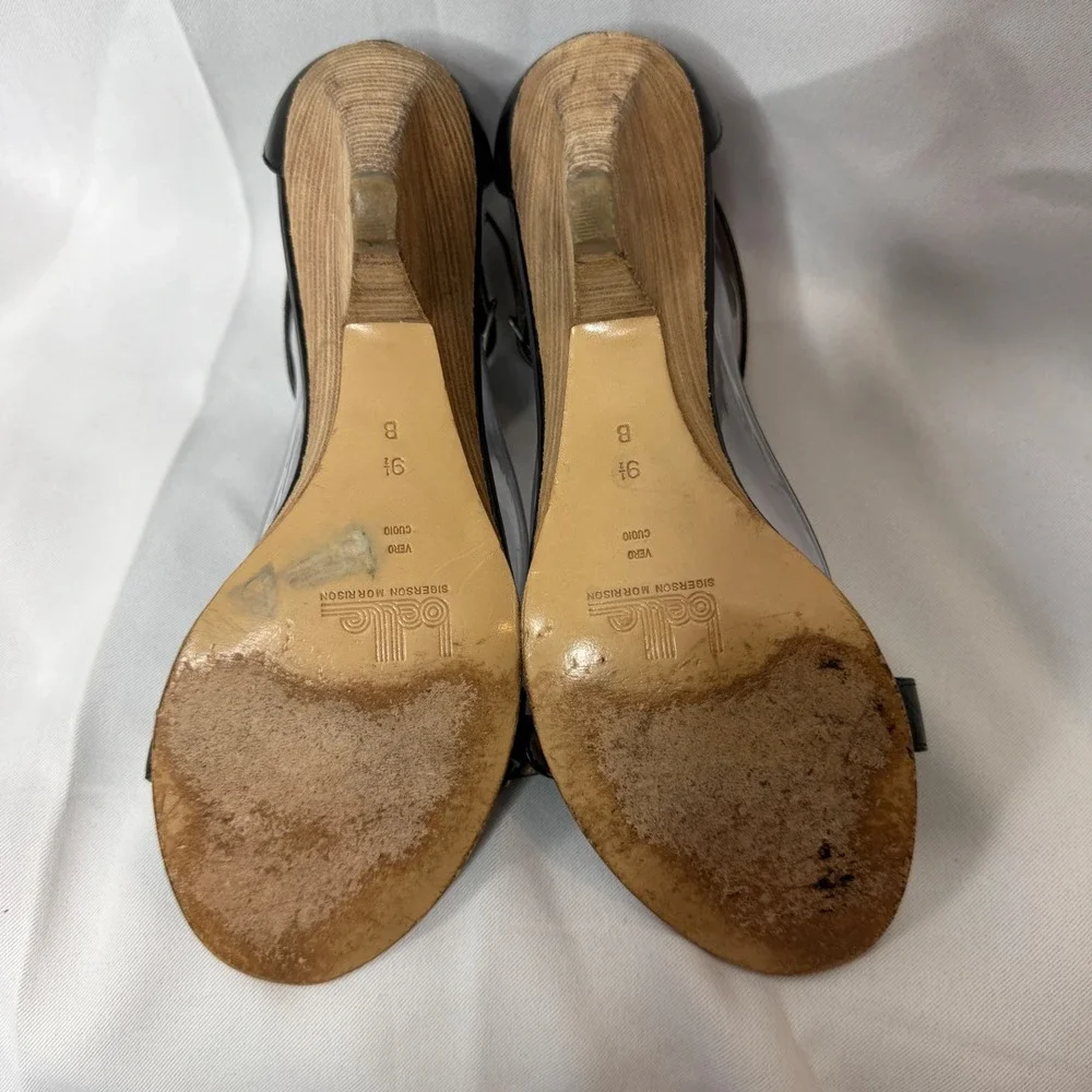 Belle‎ Sigerson Morrison Black Leather T-Strap Wood Wedge Sandals 9.5 B